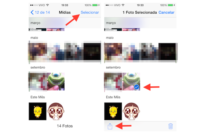 Selecionando as imagens do WhatsApp que deseja compartilhar com as redes sociais pelo iOS (Foto: Reprodução/Marvin Costa)