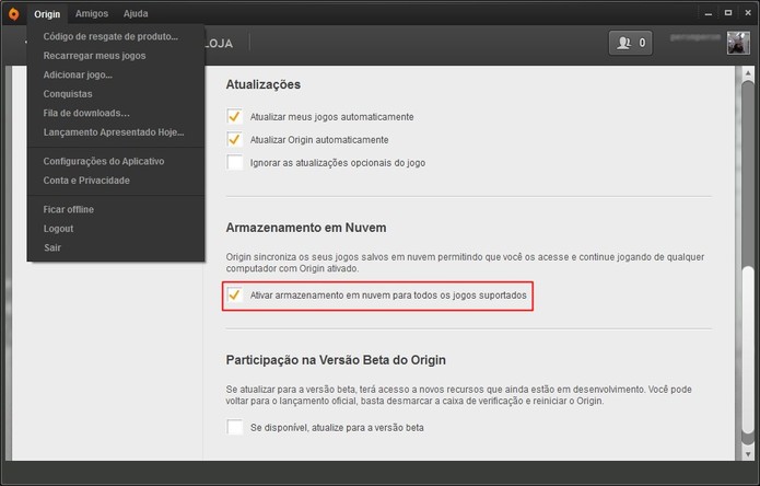 É possível definir as configurações de nuvem nas configurações do Origin (Foto: Reprodução/Cássio Barbosa)