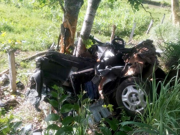Carro atropelou capivara e bateu em árvore em Poconé (MT): três pessoas morreram. (Foto: PM/Poconé (MT))