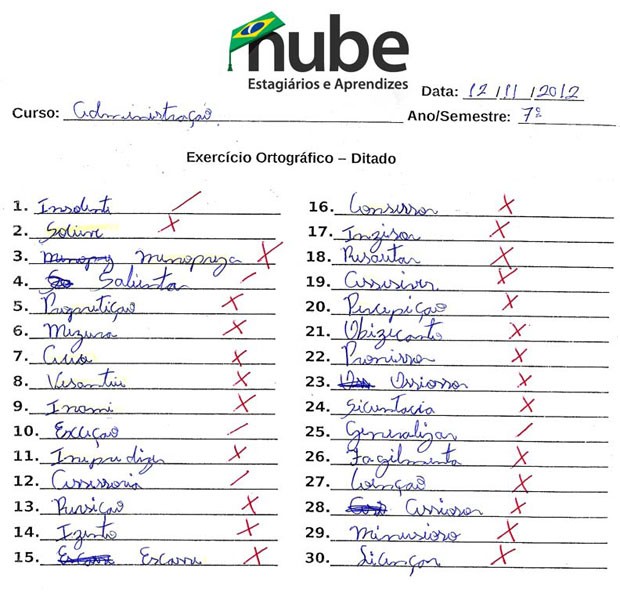 Teste ortográfico do Nube para o curso de administração, cujo número de acertos ficou em 26 (Foto: Reprodução)