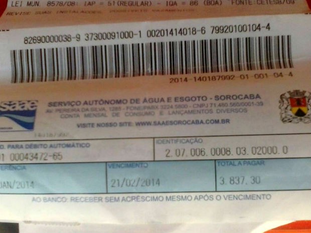 Moradora recebeu conta de água referente a janeiro no valor de mais de R$ 3 mil (Foto: Arquivo Pessoal)