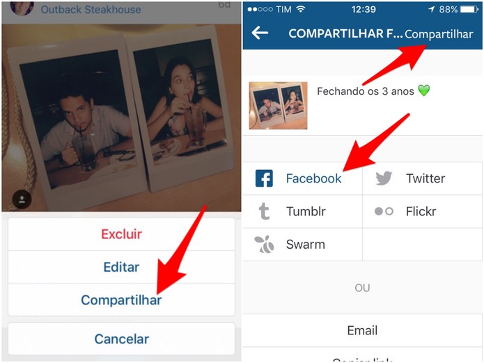 Selecione o ícone do Facebook e toque em Compartilhar (Foto: Reprodução/Lucas Mendes)