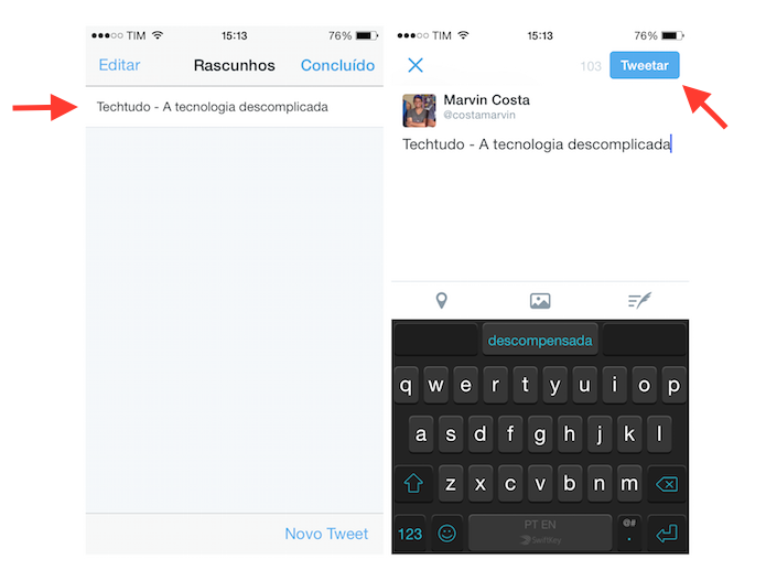 Acessando e utilizando um tuíte salvo em rascunho no Twitter para iOS (Foto: Reprodução/Marvin Costa)