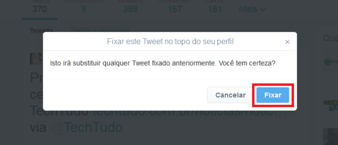 Concluindo a fixação do tuíte no topo do perfil (Foto: Reprodução/Lívia Dâmaso)