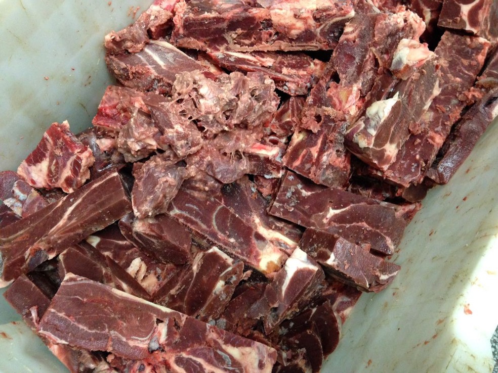 Carne armazenada em condições impróprias para consumo humano (Foto: Josmar Leite/RBS TV)