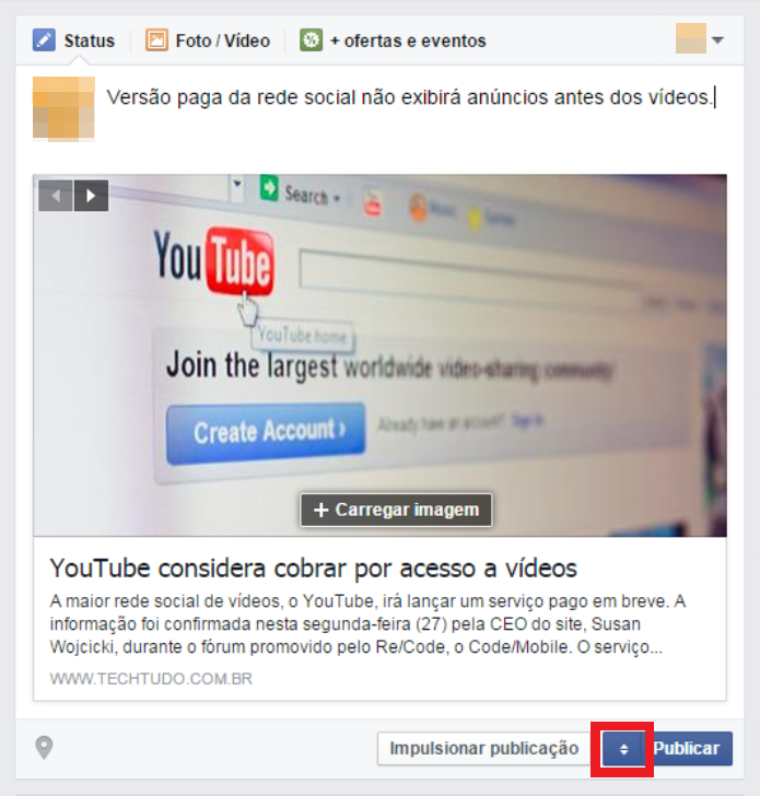 Criando um post no Facebook (Foto: Reprodução/Lívia Dâmaso)
