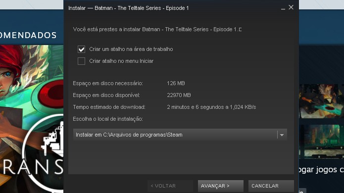 Configure a instalação e clique em avançar para instalar Batman: The Telltale Series em seu PC (Foto: Reprodução/Rafael Monteiro)
