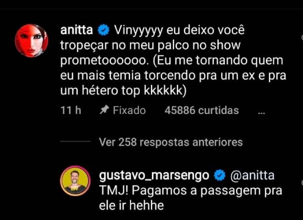 Anitta pede permanência de Scooby e Gustavo no BBB (Foto: Reprodução/Instagram) Anitta pede permanência de Scooby e Gustavo no BBB (Foto: Reprodução/Instagram)