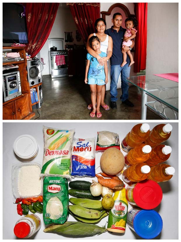Lender Perez e sua mulher Isamar Ramirez com as filhas Lismar e Lucia; abaixo, a comida encontrada em sua casa em Caracas (Foto: REUTERS/Carlos Garcia Rawlins)