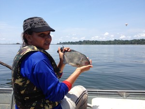 Pescadora consegue fisgar piranha no lago (Foto: Marcos Paulo/G1)