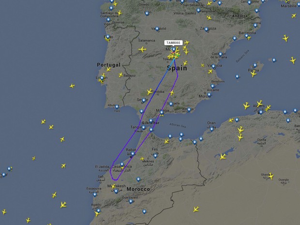 Imagem do site de monitoramento de voos Flight Radar mostra o trajeto do voo da Tam que retornou a Madri (Foto: Reprodução/Flight Radar)