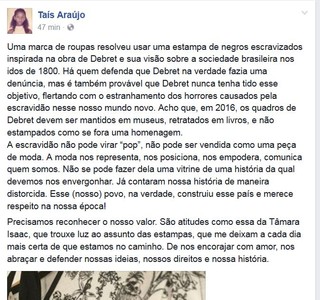 Taís Araújo comenta polêmica sobre estampa de escravos em roupa (Foto: Reprodução/Facebook)