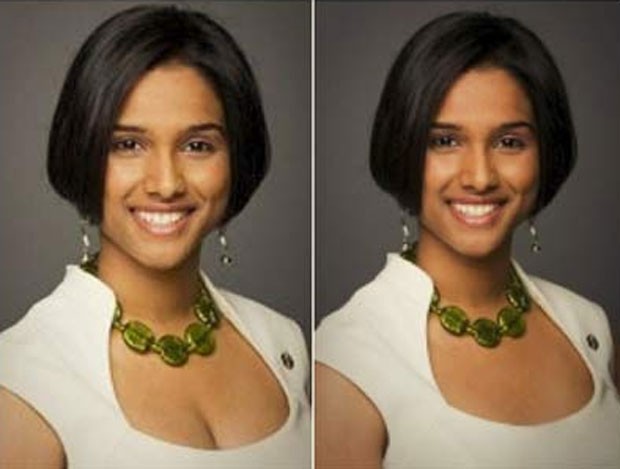 Em 2011, a parlamentar canadense Rathika Sitsabaiesan usou o Photoshop para esconder o decote e publicar a foto em seu site oficial (Foto: Reprodução)