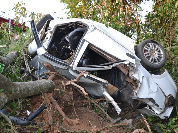 O carro saiu da pista, caiu numa ribanceira e só parou quando bateu em uma árvore (Foto: Arquivo Pessoal/Marcelo Roque Redeling)