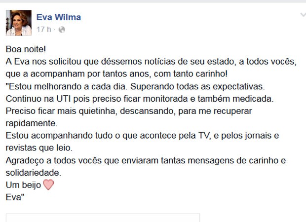 Eva Wilma postou mensagem para tranquilizar os fãs (Foto: Reprodução/Facebook/Eva Wilma) Eva Wilma postou mensagem para tranquilizar os fãs (Foto: Reprodução/Facebook/Eva Wilma)