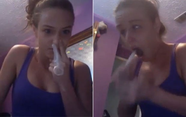 Sequência em vídeo publicado na internet mostra uma garota aspirando a camisinha por uma narina e retirando o preservativo pela boca, como manda o 'condom challenge' ou desafio da camisinha (Foto: Reprodução/YouTube/BrandiTimmons)