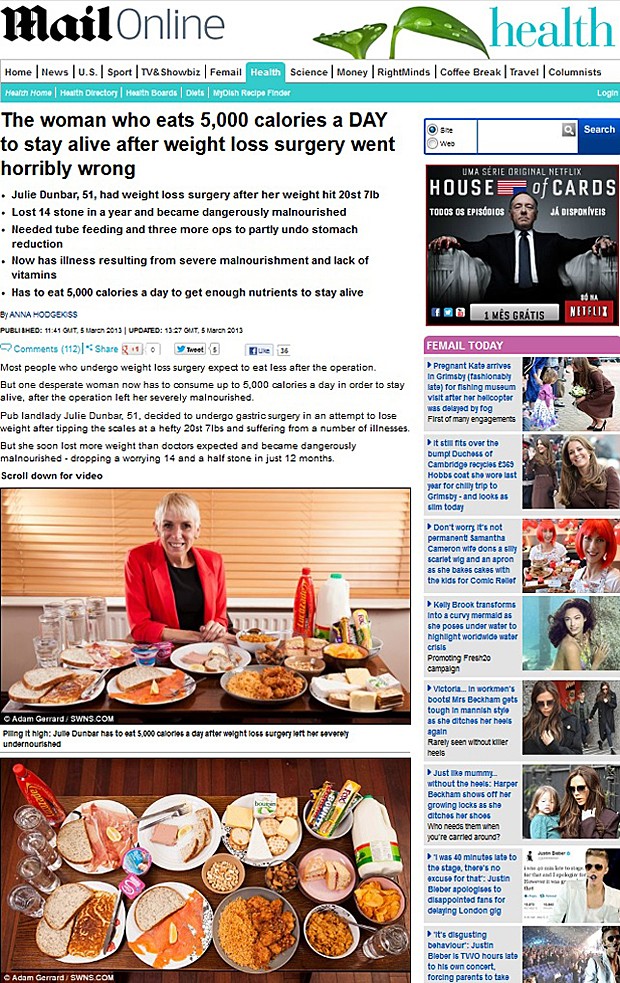 Julie Dunbar precisa ingerir 5 mil calorias por dia após cirurgia de estômago malsucedida (Foto: Daily Mail/Reprodução)