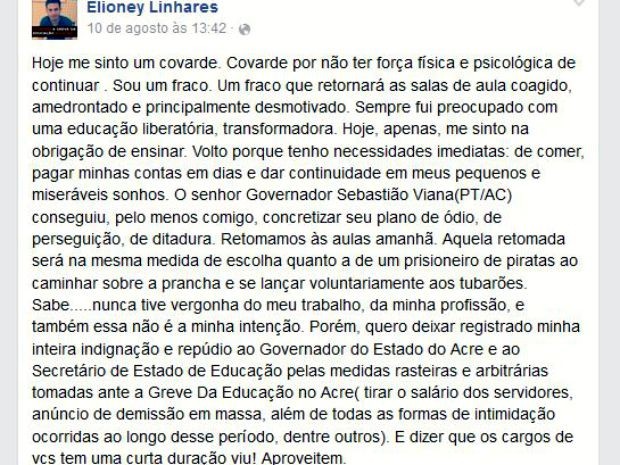 Professor Elioney Linhares desabafa sobre greve em seu Facebook (Foto: Reprodução/Facebook)