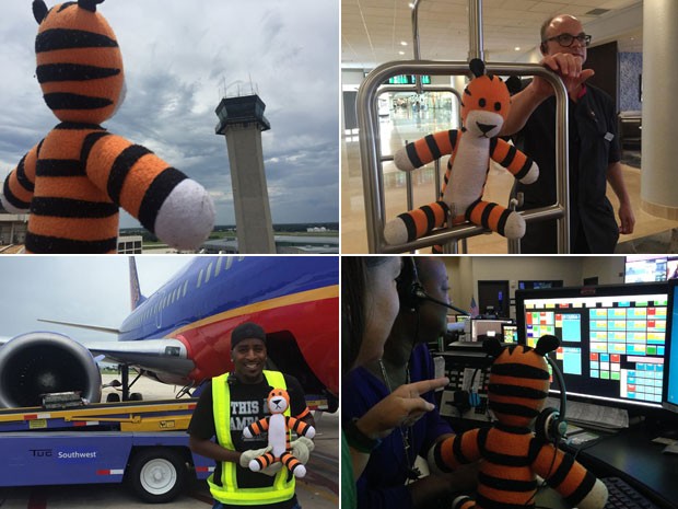 O tigre de pelúcia Hobbes durante seu "tour" pelo Aeroporto Internacional de Tampa, na Flórida; bichinho foi levado para passear pelos funcionários até que seu dono, um garoto de 6 anos, voltasse para buscá-lo (Foto: Reprodução/Facebook/Tampa Internacional Airport)