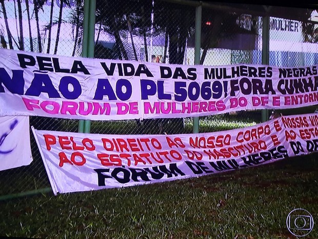 Faixas afixadas por mulheres em protesto por atendimento humanizado em delegacias no DF (Foto: TV Globo/Reprodução)