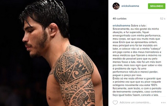 Erick Silva lamenta derrota no UFC Fight Night 74 (Foto: Reprodução/Instagram)