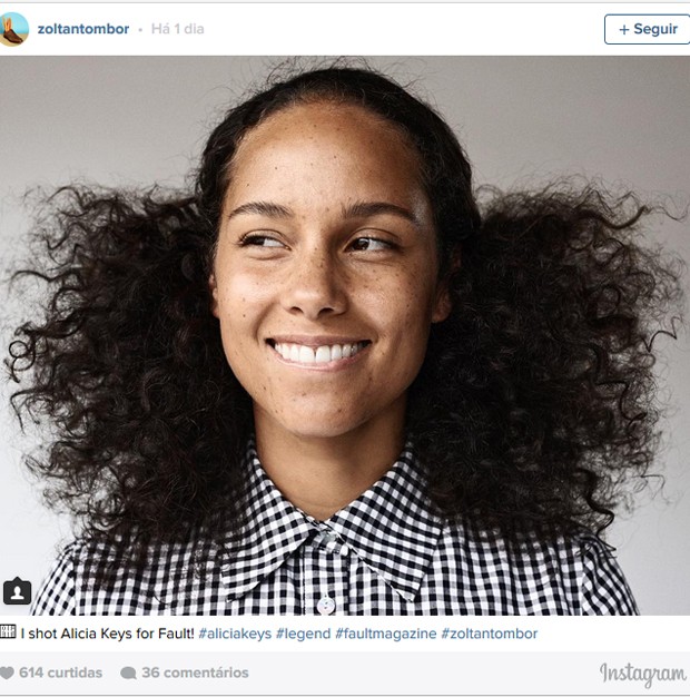 Foto de Alicia Keys sem maquiagem para a revista 'Fault' (Foto: Reprodução / Instagram Zoltan Tombor)