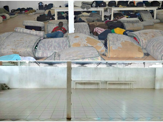Abrigo imigrantes antes e depois  (Foto: Aline Nascimento/G1)