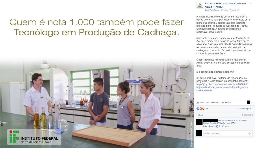 Instituto Federal do Norte de Minas Gerais defendeu, nas redes sociais, o curso de produção de cachaça oferecido no campus de Salinas (Foto: Reprodução/Facebook)
