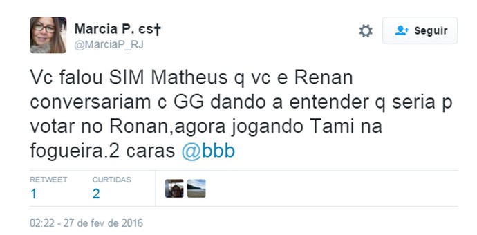 BBB Matheus Twitter (Foto: Reprodução/Internet)