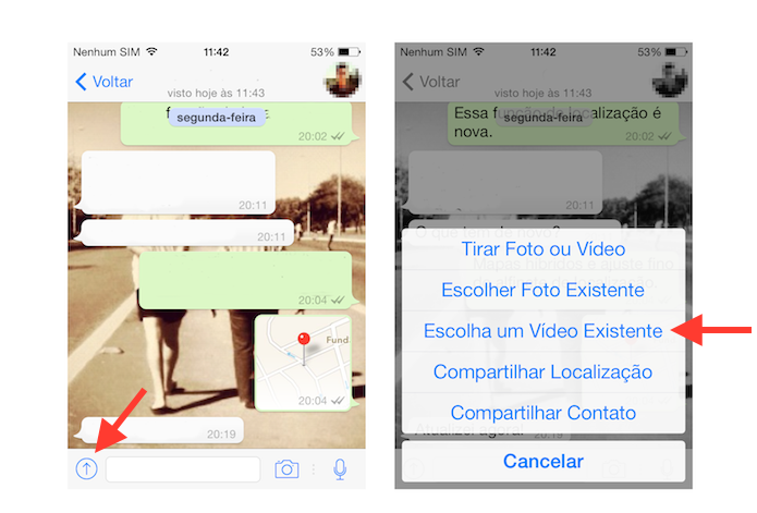 Abrindo um vídeo da biblioteca do iOS no WhatsApp para editá-lo antes do envio (Foto: Reprodução/Marvin Costa)