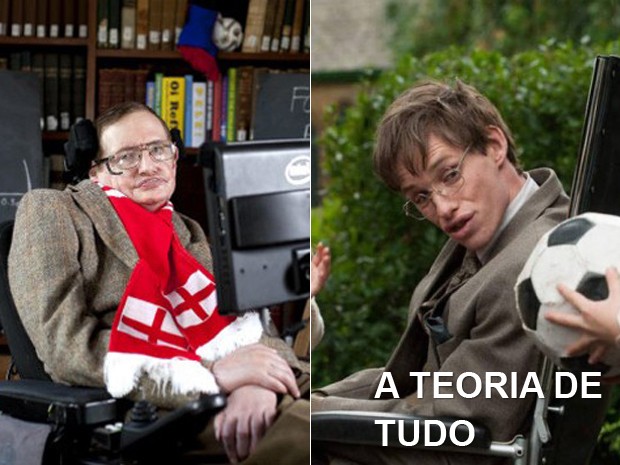 À esquerda, o físico Stephen Hawking, e, à dir., o ator Eddie Redmayne em 'A teoria de tudo' (Foto: AP e Divulgação)