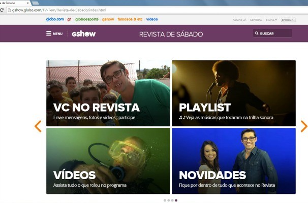 O site do Revista de Sábado agora faz parte da plataforma Gshow, a página de entretenimento da TV Globo na internet (Foto: Reprodução/TV TEM)
