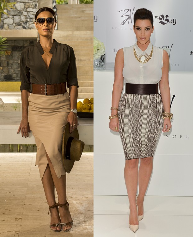 Saia lápis com cinto: inspiração nos looks de Kim Kardashian (Foto: Divulgação Globo / Getty Images)