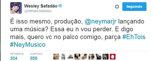Wesley Safadão apoia carreira musical de Neymar (Foto: Reprodução/Twitter)