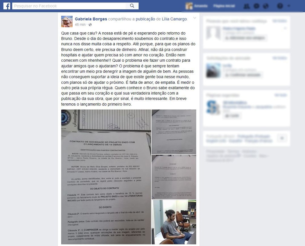 Resposta de Gabriela Borges, irmã do jovem desaparecido no Acre, sobre a descoberta de um contrato sobre a venda dos livros deixados pelo rapaz (Foto: Reprodução/Facebook)
