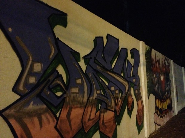 Muro de escola grafitado por jovens que participam voluntariamente da ação (Foto: Graziela Miranda/G1)