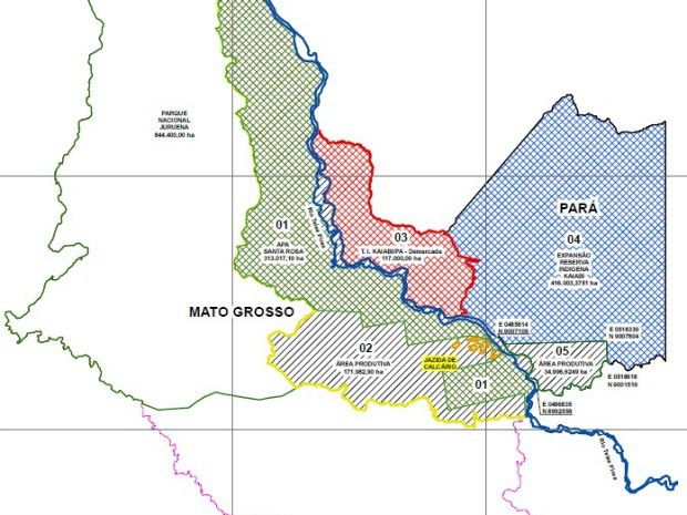 Mapa de área indígena Kayabi entre Mato Grosso e Pará. (Foto: Moisés Prado/Arquivo Pessoal)