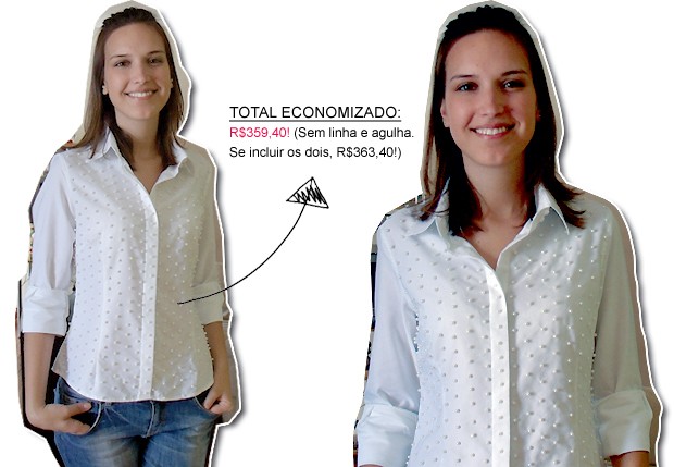 Nossa repórter Victoria Bessell com a camisa reconstruída da Carminha - Economia de mais de R$300,00! (Foto: Arquivo QUEM)