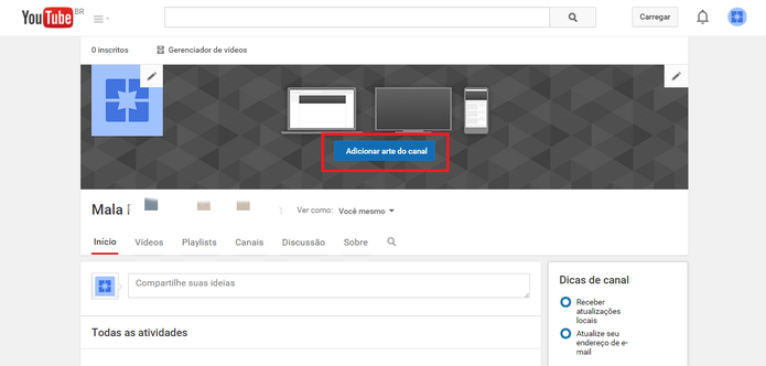 Clique em "Adicionar arte do canal" (Foto: Reprodução/Juliana Pixinine)