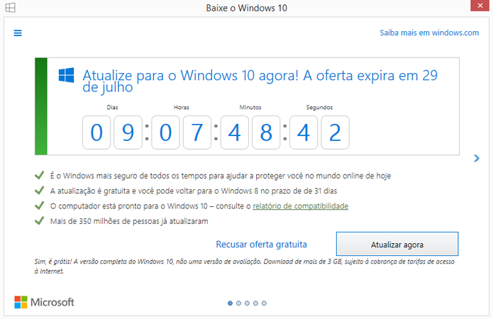 Atualização para o Windows 10 é gratuita até o final de julho (Foto: Reprodução/Windows)