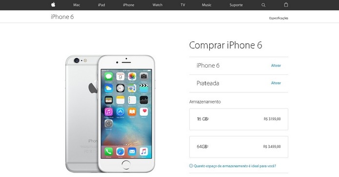 Loja oficial excluiu opção de 128 GB de iPhones 6 e 6 Plus (Foto: Reprodução/Apple)