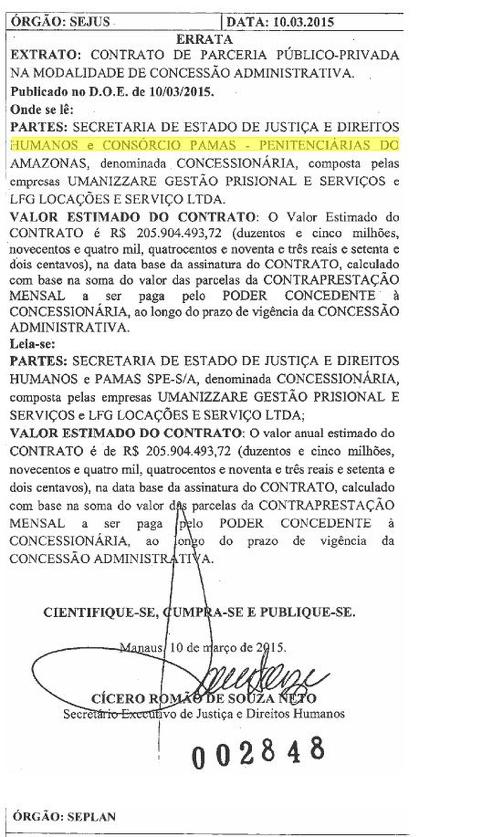 Contrato firmado pelo governo do Amazonas com o Consórcio Pamas, do qual Umanizzare faz parte (Foto: Reprodução/G1)