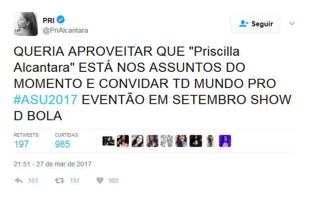 Priscila Alcântara ironiza polêmica (Foto: Reprodução / Twitter)