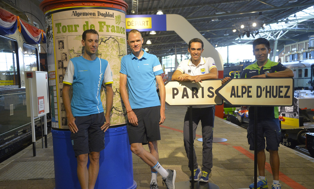 Favoritos ao título deste ano (da esquerda para direita: Vicenzo Nibali, Chris Froome, Alberto Contador e Nairo Quintana)