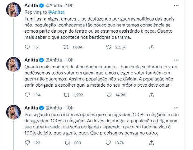 Publicação de Anitta (Foto: Reprodução/Twitter) Publicação de Anitta (Foto: Reprodução/Twitter)