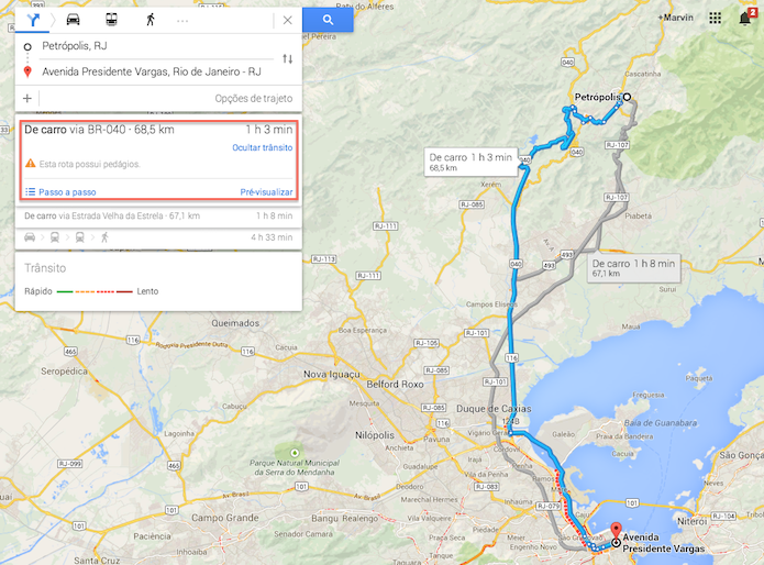 Visualizando a distancia que será percorrida e o tempo sugerido de duração da viagem no Google Maps (Foto: Reprodução/Marvin Costa)