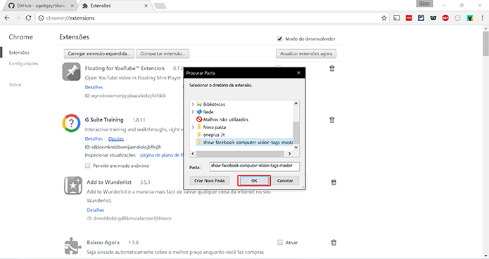 Selecione a pasta com os arquivos da extensão para adicioná-la ao Chrome (Foto: Reprodução/Elson de Souza)