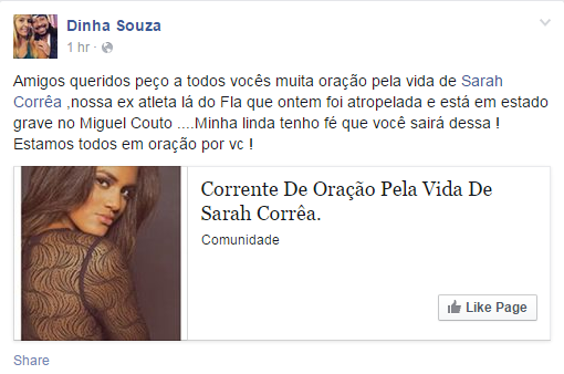 Amigos fazem campanha de oração para Sarah Correa (Foto: Reprodução / Facebook)