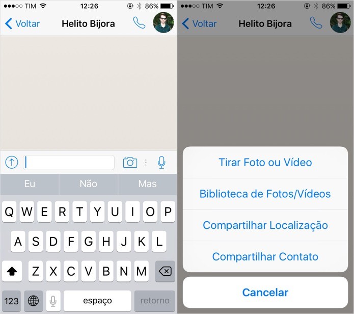 Enviando conteúdo multimídia no WhatsApp (Foto: Reprodução/Helito Bijora) Enviando conteúdo multimídia no WhatsApp (Foto: Reprodução/Helito Bijora)
