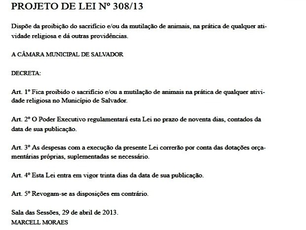 Projeto de Lei nº 308/2013 (Foto: Divulgação/ Diário Oficial do Município)